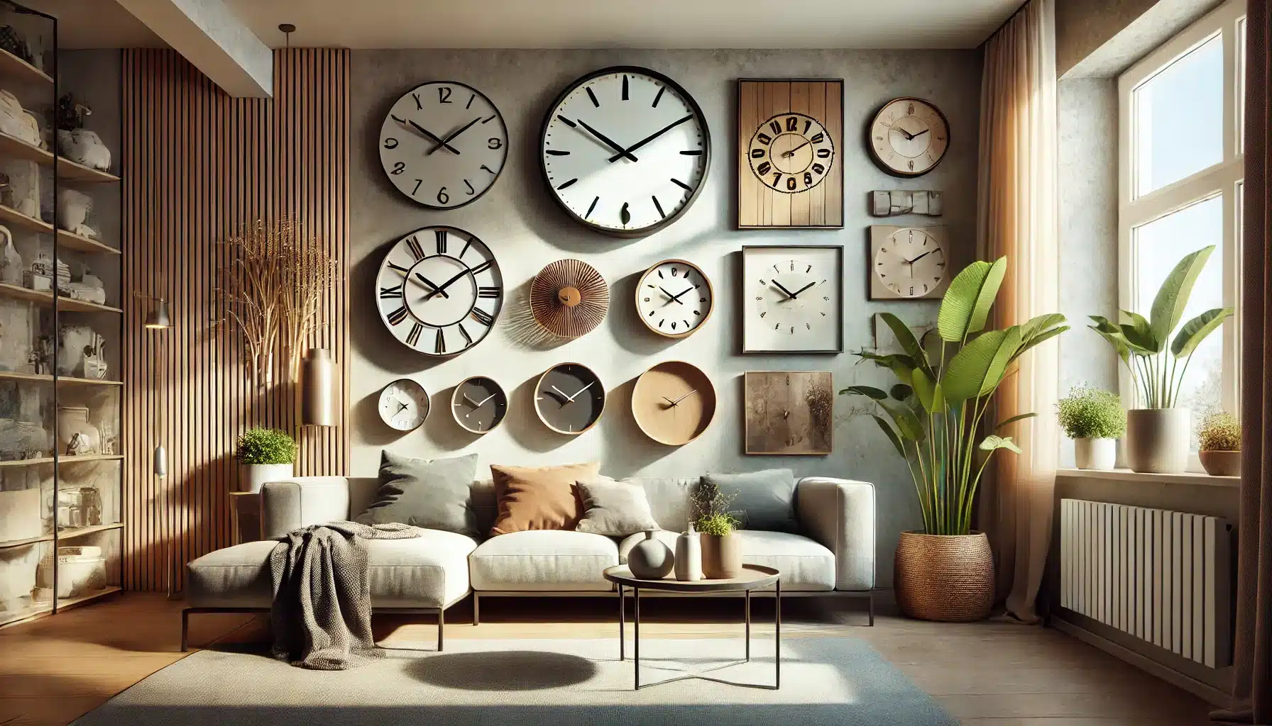 dall e 2024 12 07 10.59.14 a stylish and inviting interior scene featuring a variety of wall clocks in different designs and sizes placed on carefully chosen walls in a modern