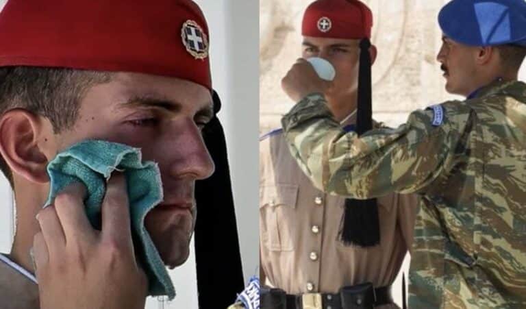 Ακίνητοι οι Εύζωνες μέσα στον καύσωνα – Τους δίνουν νερό και σκουπίζουν τον ιδρώτα τους