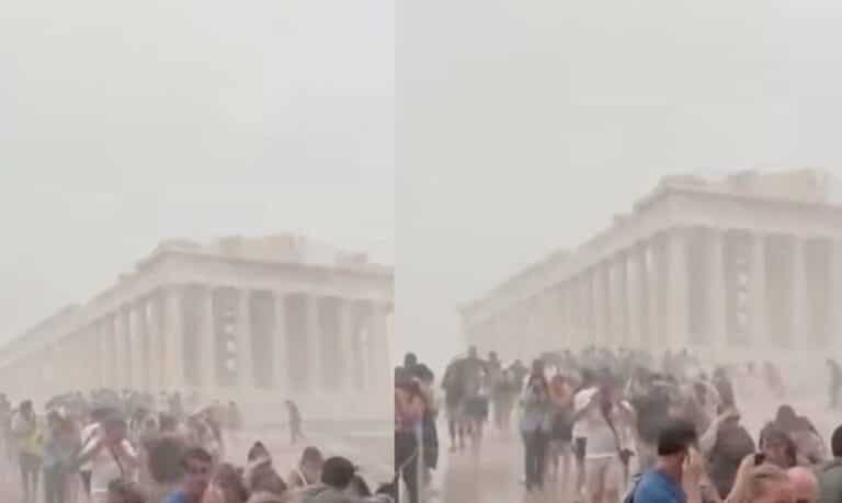 Χαμός με τουρίστες στην Ακρόπολη – Το βίντεο από την κακοκαιρία που κάνει τον γύρο του κόσμου