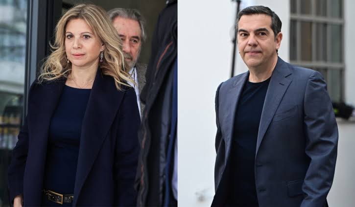 Ο Αλέξης Τσίπρας και η Μαρία Καρυστιανού σε διπλό φωτογραφικό κολλάζ με φόντο την κάλπη