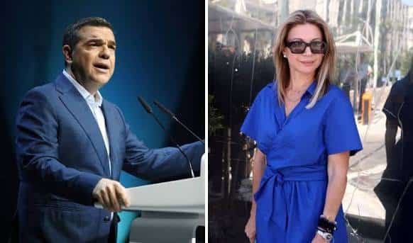 Ο Αλέξης Τσίπρας και η Μαρία Καρυστιανού σε διπλό φωτογραφικό κολλάζ με φόντο την κάλπη