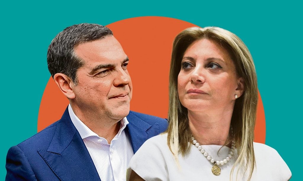 Ο Αλέξης Τσίπρας και η Μαρία Καρυστιανού σε διπλό φωτογραφικό κολλάζ με φόντο την κάλπη