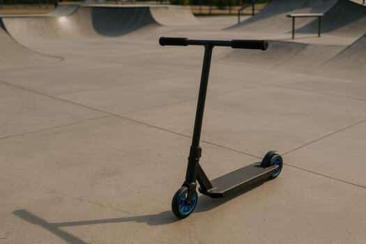 black kick scooter stands at empty outdoor skate park in summer photo