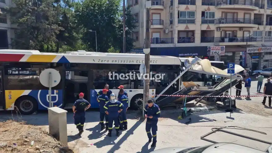 Θεσσαλονίκη: Ηλεκτρικό λεωφορείο έπεσε πάνω σε στάση – 4 τραυματίες 2 leoforeio stasi