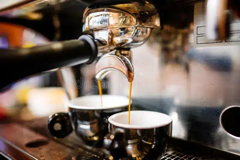 espresso pouring coffee machine cups prof close up espresso pouring coffee machine cups professional coffee 129644662
